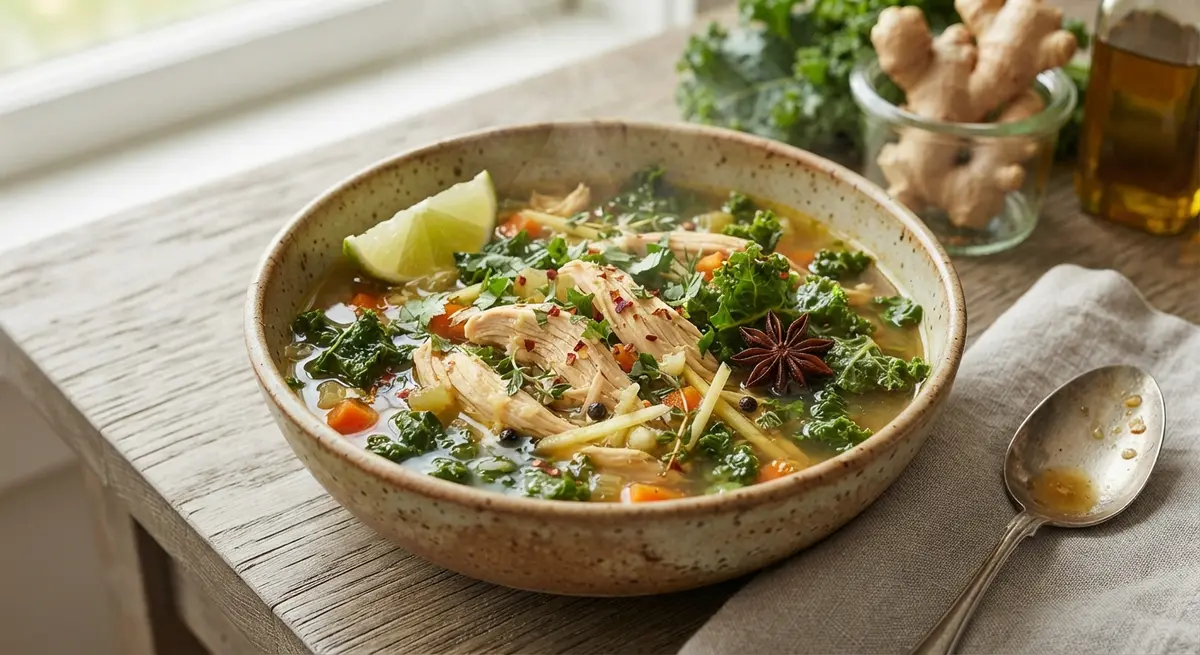 Shredded Chicken Kale Ginger Soup